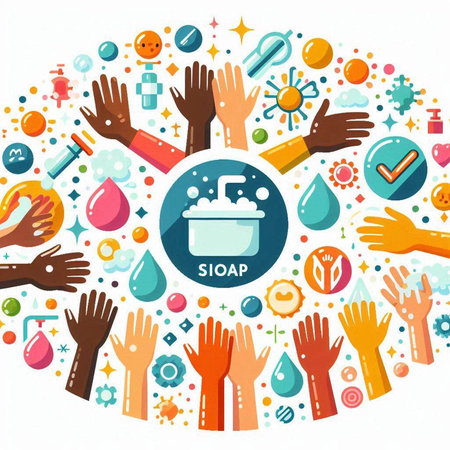 Vector illustration of washing hands with soap bubbles. Cleaning concept.のイラスト素材