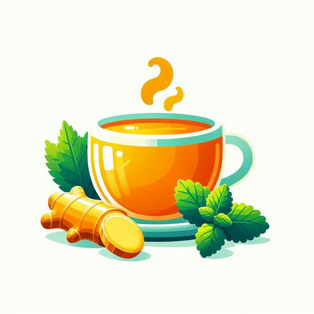 Cup of tea with mint, ginger and turmeric. Vector illustration.のイラスト素材