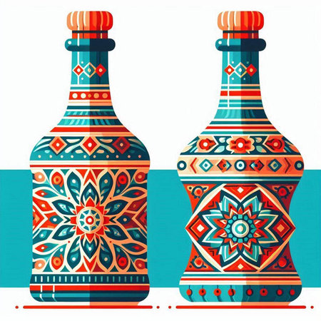 Vector illustration of two bottles of wine with ethnic ornaments.のイラスト素材