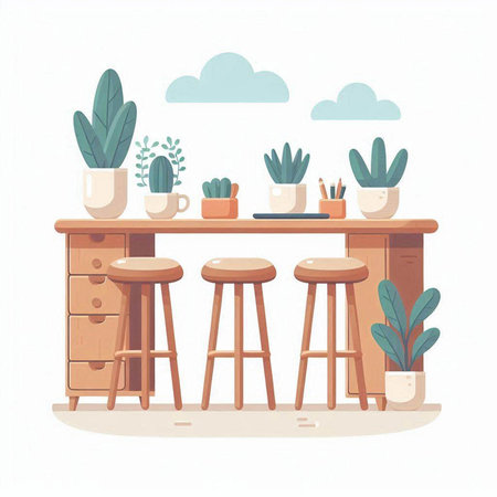 Wooden table with chairs and cactus in pots. Vector illustration.のイラスト素材