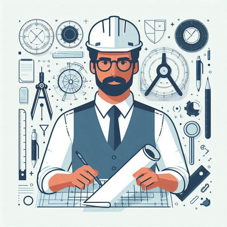 Engineer or architect working on blueprint. Vector illustration in line art styleのイラスト素材