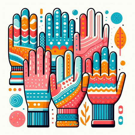 Colorful vector illustration of human hands in colorful knitted gloves.のイラスト素材