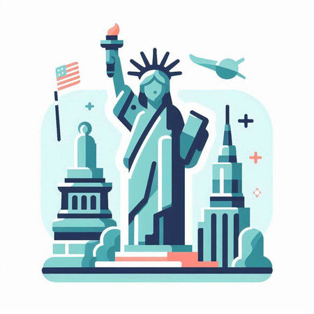 Statue of Liberty, New York City, United States of America. Flat design vector illustration.のイラスト素材