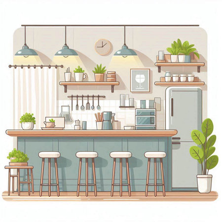 Kitchen interior with furniture and accessories. Vector illustration in flat styleのイラスト素材