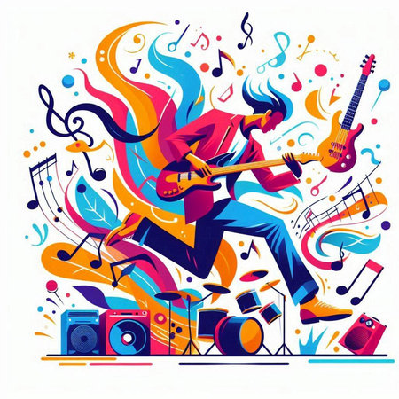 Vector illustration of a man playing the guitar. Musical background with musical instruments.のイラスト素材