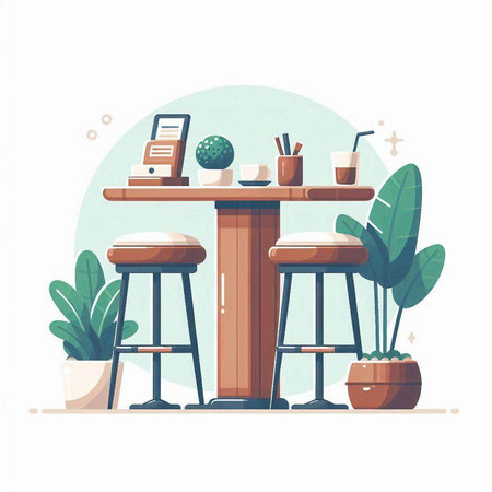 Vector illustration of cafe interior with table, chairs and plants. Flat style design.のイラスト素材