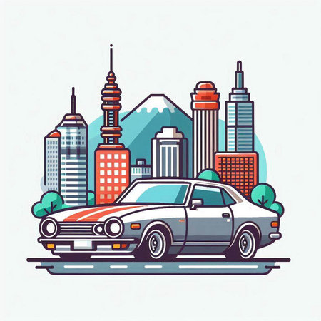 Retro car on the background of the city. Vector illustration.のイラスト素材