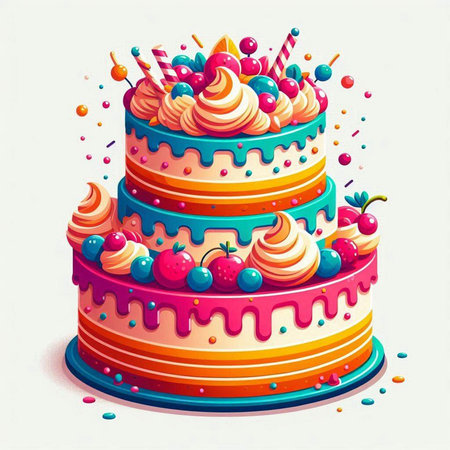 Colorful birthday cake with cream, berries and candies. Vector illustration.のイラスト素材