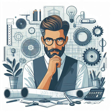 Engineer at work. Hand drawn vector illustration in cartoon style.のイラスト素材