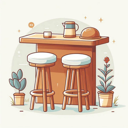 Vector illustration of a bar counter with chairs, table and pots.のイラスト素材