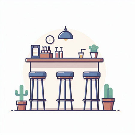 Bar counter with bar stools and cactuses. Bar interior. Vector illustrationのイラスト素材