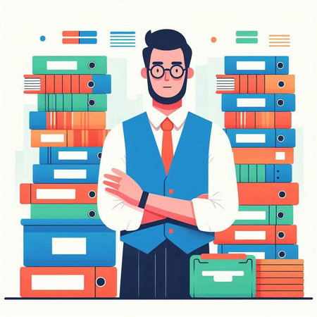 Businessman standing in front of stack of folders. Vector illustration in flat styleのイラスト素材