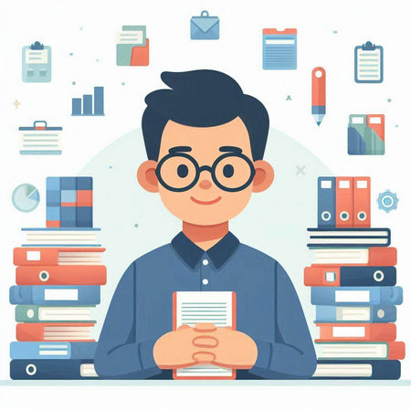 Young man with glasses holding a book in his hands. Vector illustration.のイラスト素材