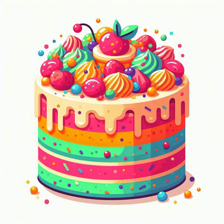 Colorful birthday cake with cream, berries and sprinkles. Vector illustration.のイラスト素材