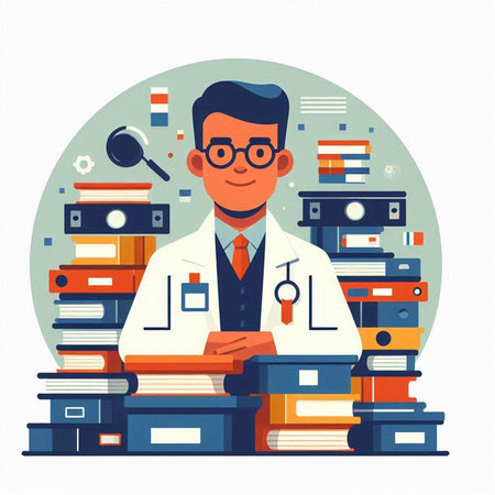 Vector illustration of a scientist in a laboratory. Flat style design.のイラスト素材