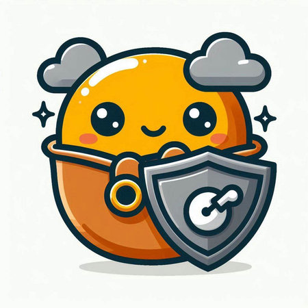 Cute Orange Emoticon Mascot Character with Security Shieldのイラスト素材
