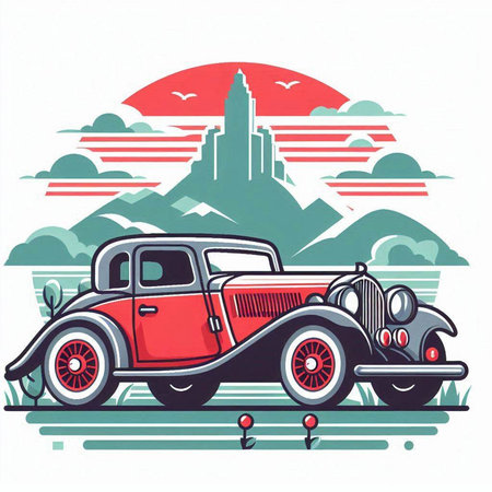 Vintage car on the background of the city. Vector illustration.のイラスト素材