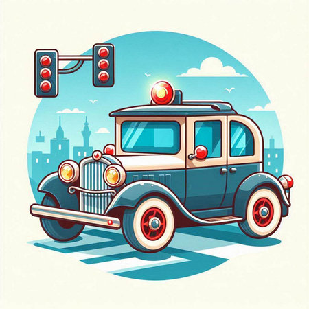 Retro car with traffic lights and city background. Vector illustration.のイラスト素材