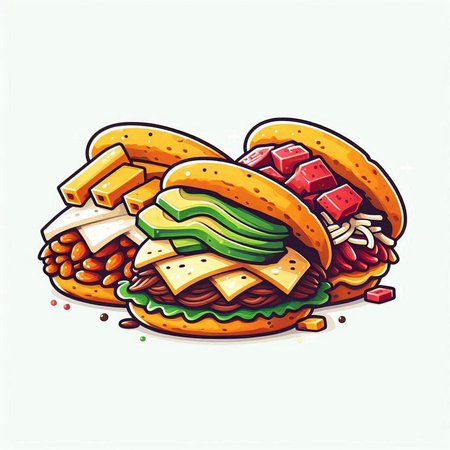 Illustration of fast food. Vector illustration of a hamburger with vegetables and cheese.のイラスト素材