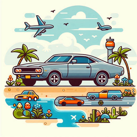 Traveling by car on the road. Vector illustration in flat styleのイラスト素材