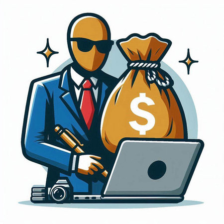 Businessman with laptop and bag of money. Vector cartoon illustration.のイラスト素材