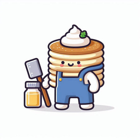 Pancakes with whipped cream and spatula. Cute cartoon vector illustrationのイラスト素材