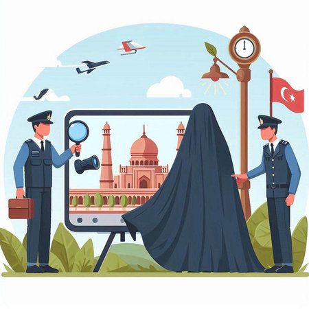 Taj Mahal and Muslim pilgrims. Vector illustration in flat styleのイラスト素材