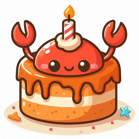 Cute cartoon birthday cake with candle isolated on white background. Vector illustration.のイラスト素材