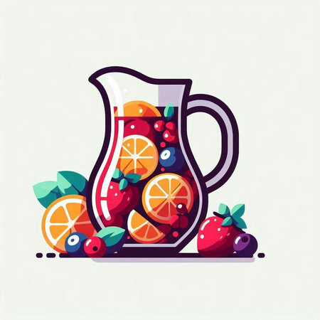 Vector illustration of a jug of fresh juice with fruits and berries.のイラスト素材