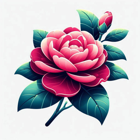 Camellia flower with leaves and buds. Vector illustration.のイラスト素材