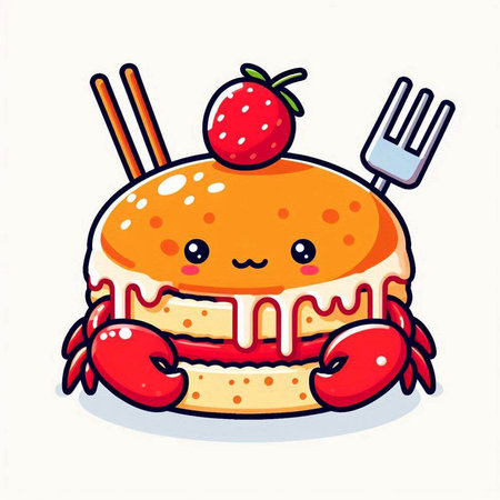 Cute kawaii cartoon crab cake with fork and spoon. Vector illustration.のイラスト素材