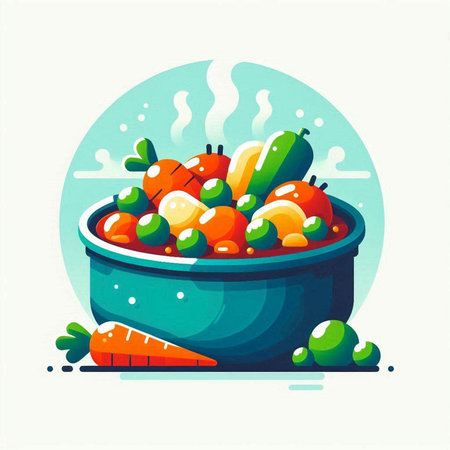 Vegetable stew in a pot. Vector illustration in flat styleのイラスト素材