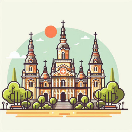 Church in the city. Vector illustration in flat style. Religious architecture.のイラスト素材