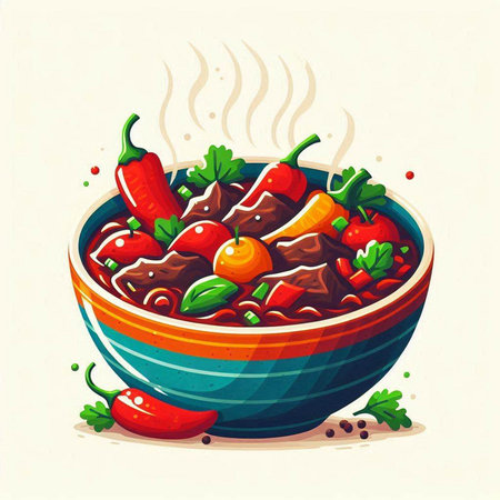 Beef stew in bowl with chili pepper and parsley, vector illustrationのイラスト素材