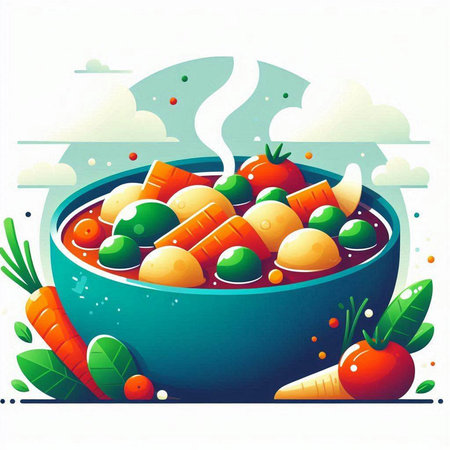 Vector illustration of a bowl of vegetable soup with carrots, olives and tomatoesのイラスト素材