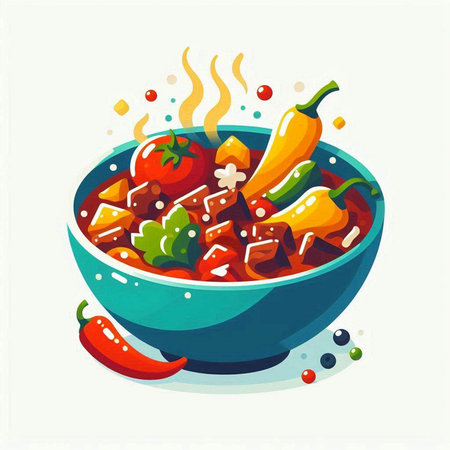 Illustration of a bowl of hot chili pepper soup. Vector illustration.のイラスト素材