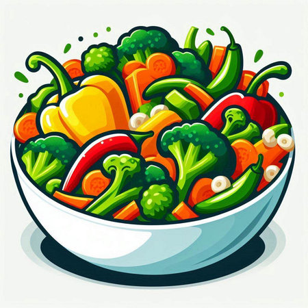 Vegetable salad in bowl. Vector illustration of a bowl with vegetables.のイラスト素材