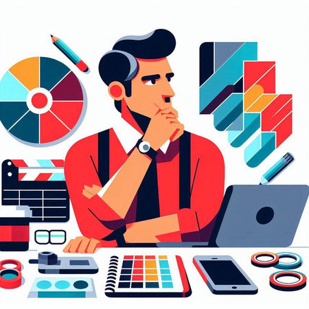 Vector illustration of a young man working at his desk in the office.のイラスト素材