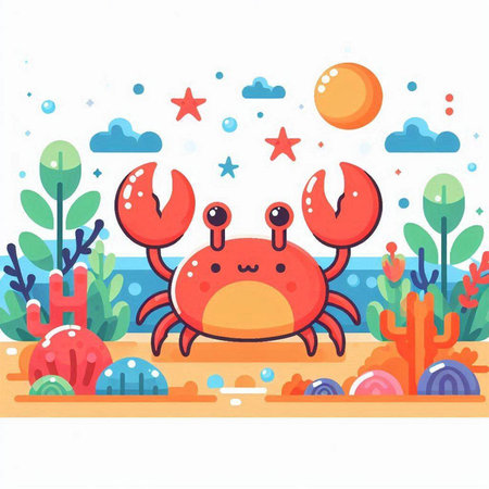 Cute cartoon crab on the seashore. Vector illustration.のイラスト素材