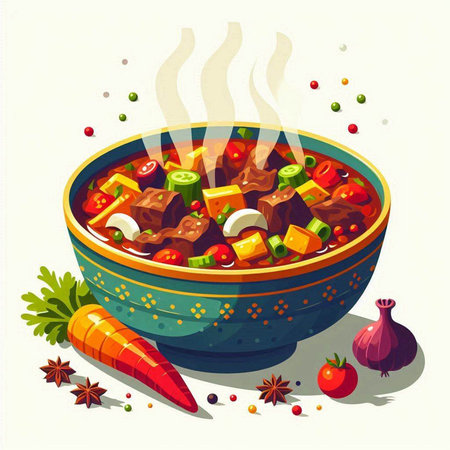 Illustration of a bowl of beef stew with vegetables and spices.のイラスト素材