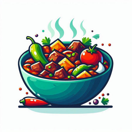 Beef stew in bowl with chili pepper and parsley, vector illustrationのイラスト素材