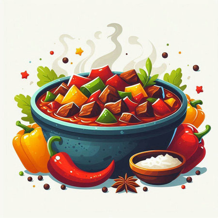 Illustration of a bowl of hot beef stew with vegetables and spicesのイラスト素材