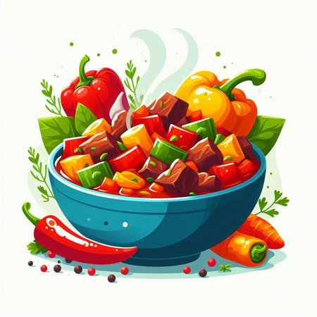 Vegetable stew in a blue bowl with vegetables. Vector illustration.のイラスト素材