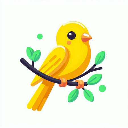 Cute yellow bird on a branch. Vector illustration in cartoon style.のイラスト素材