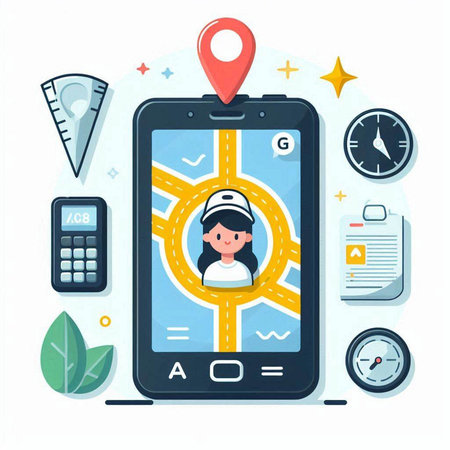 Smartphone with GPS navigator and woman on the map. Vector illustrationのイラスト素材