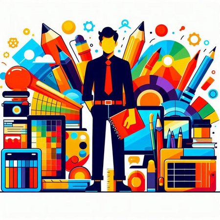 Vector illustration of a businessman surrounded by office supplies. Workplace.のイラスト素材