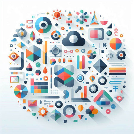 Abstract colorful geometric background with circles and geometric elements. Vector illustration.のイラスト素材