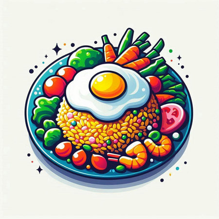 Fried egg on top of rice with vegetables, vector illustration.のイラスト素材