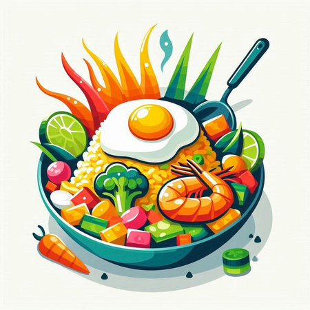 Fried rice in the pan with shrimp and vegetables. Vector illustration.のイラスト素材
