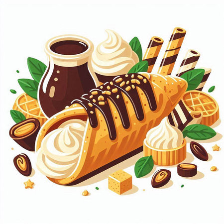 Vector illustration of ice cream, waffle, chocolate, caramel, ice cream.のイラスト素材